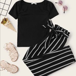 SHEIN Girls Solid Rib-Knit Tee And Paperbag Waist Striped Set